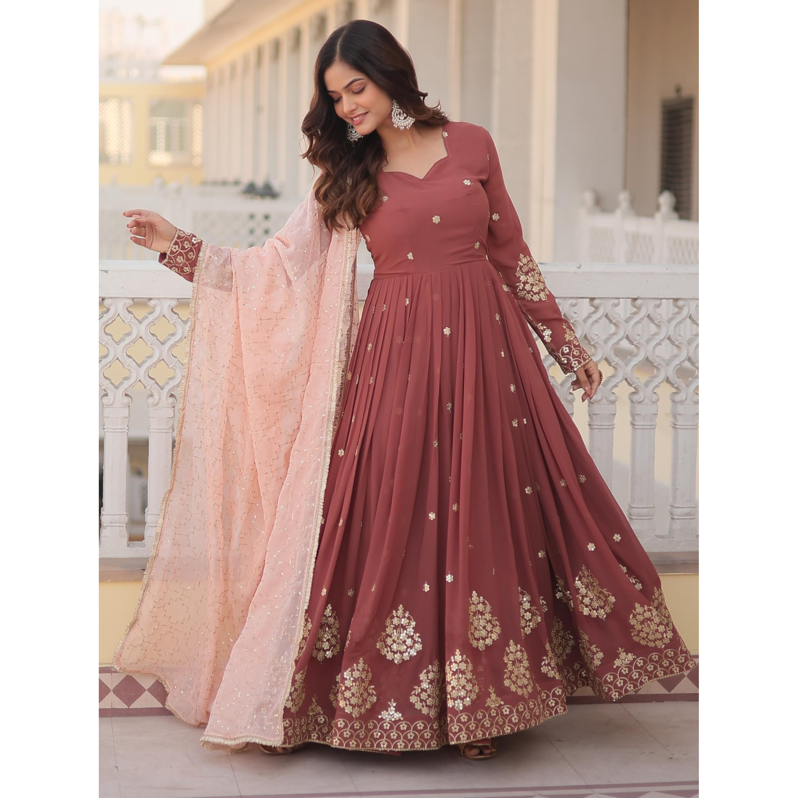 Fashion Basket Women's Georgette Anarkali Ankle Length Dress Maroon