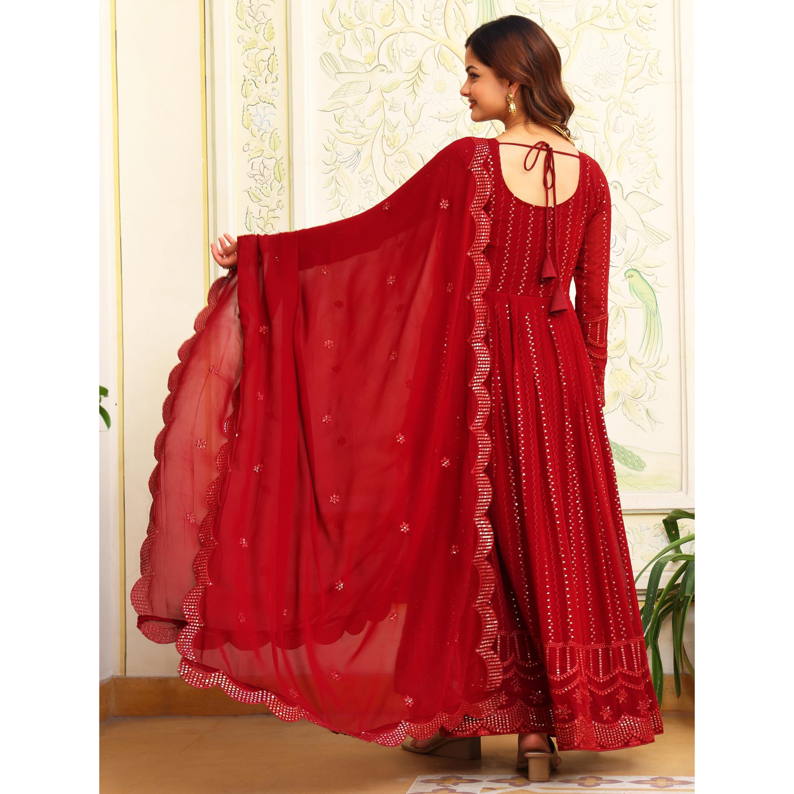 Fashion Basket Georgette Embroidered Anarkali Kurta Set For Women Maroon