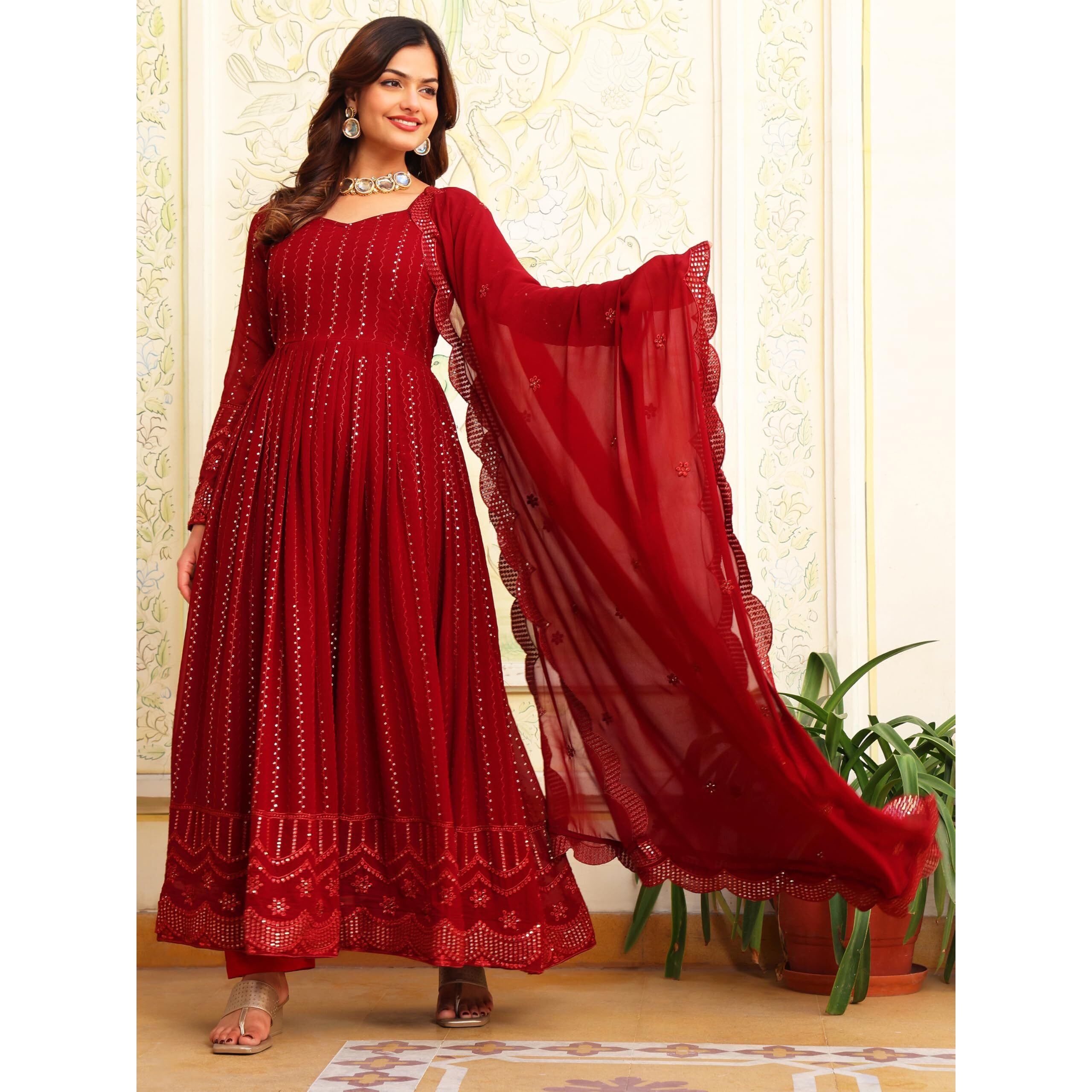 Fashion Basket Georgette Embroidered Anarkali Kurta Set For Women Maroon