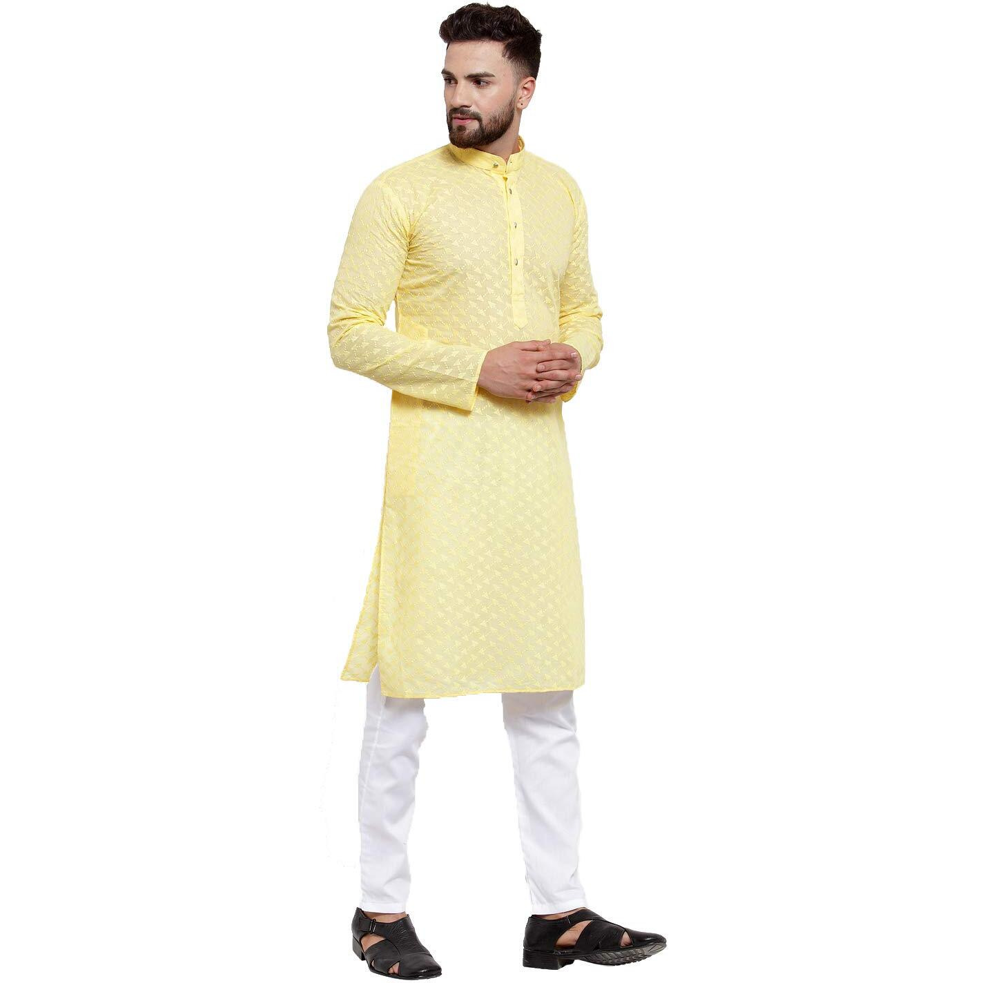 Jompers Men's Chicken Cotton Kurta Pyjama. (Yellow, Xl)
