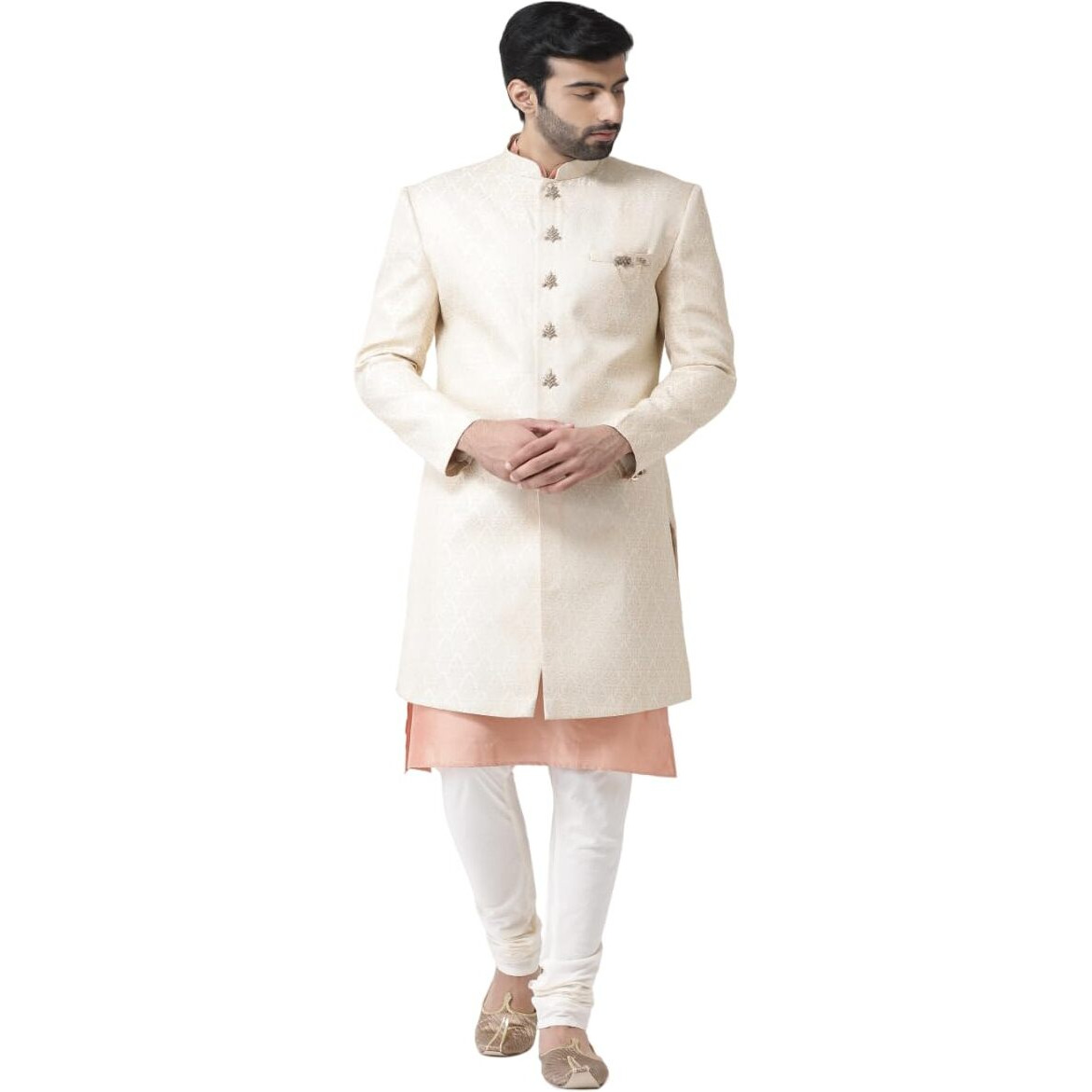 Kisah Men's Kurta Indo-Western Sherwani Churidar Set, Cream Brocade, Ethnic Motifs Regular Fit Mandarin Collar Full Sleeves (M), 46