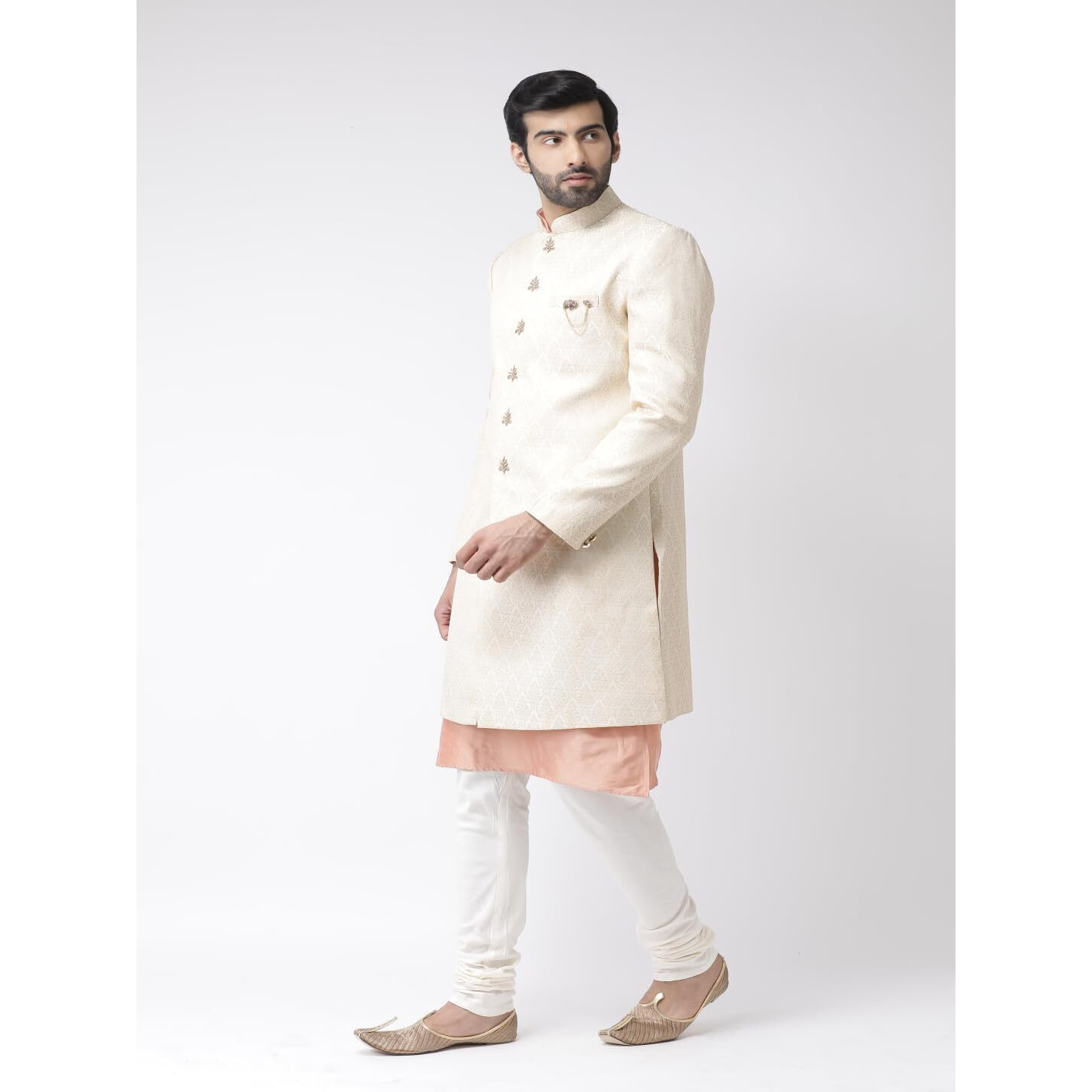 Kisah Men's Kurta Indo-Western Sherwani Churidar Set, Cream Brocade, Ethnic Motifs Regular Fit Mandarin Collar Full Sleeves (M), 46