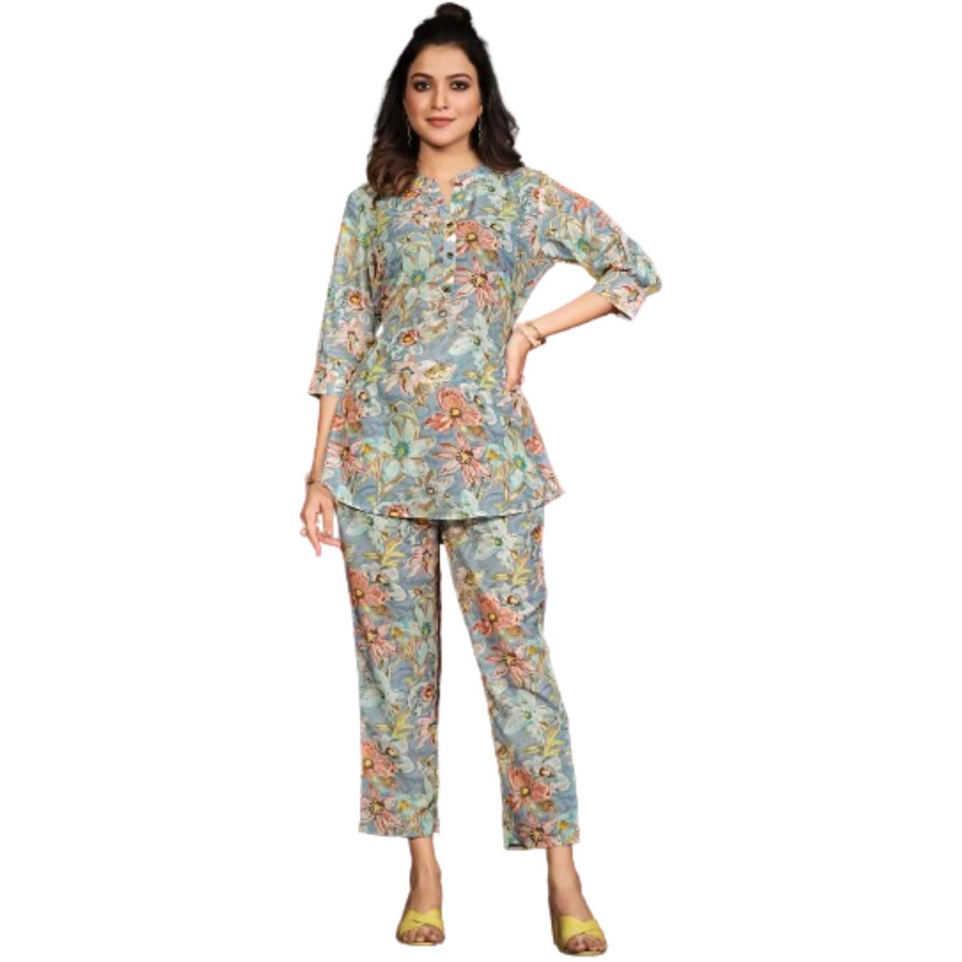 Nainvish Women's Polyester Printed Straight V-Neck Co-Ord Top & Pant Set (Sd598_Kb-Xxl_Blue Greyish)