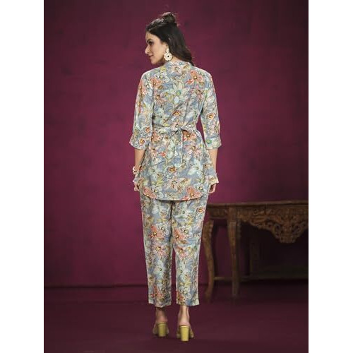 Nainvish Women's Polyester Printed Straight V-Neck Co-Ord Top & Pant Set (Sd598_Kb-Xxl_Blue Greyish)