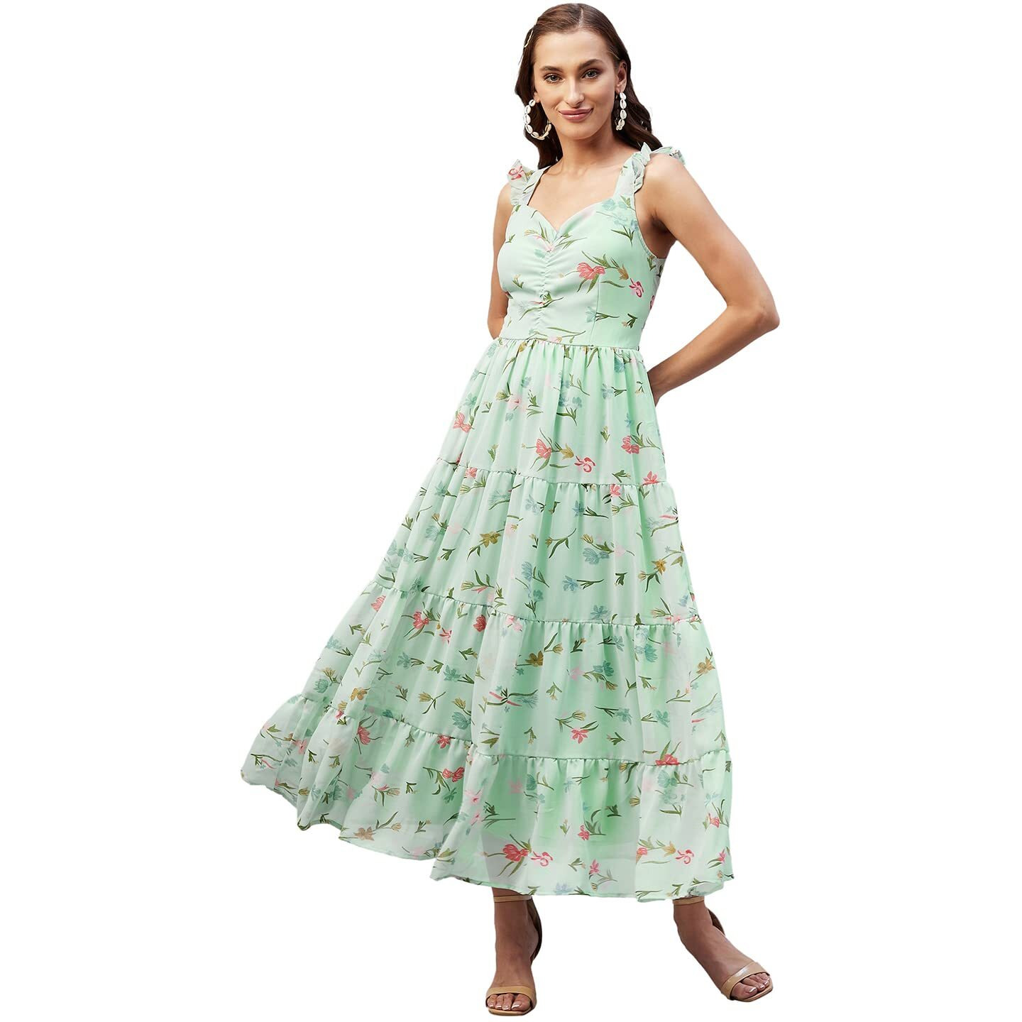 Rare Women Casual Sea Green Colour Maxi Floral Dress