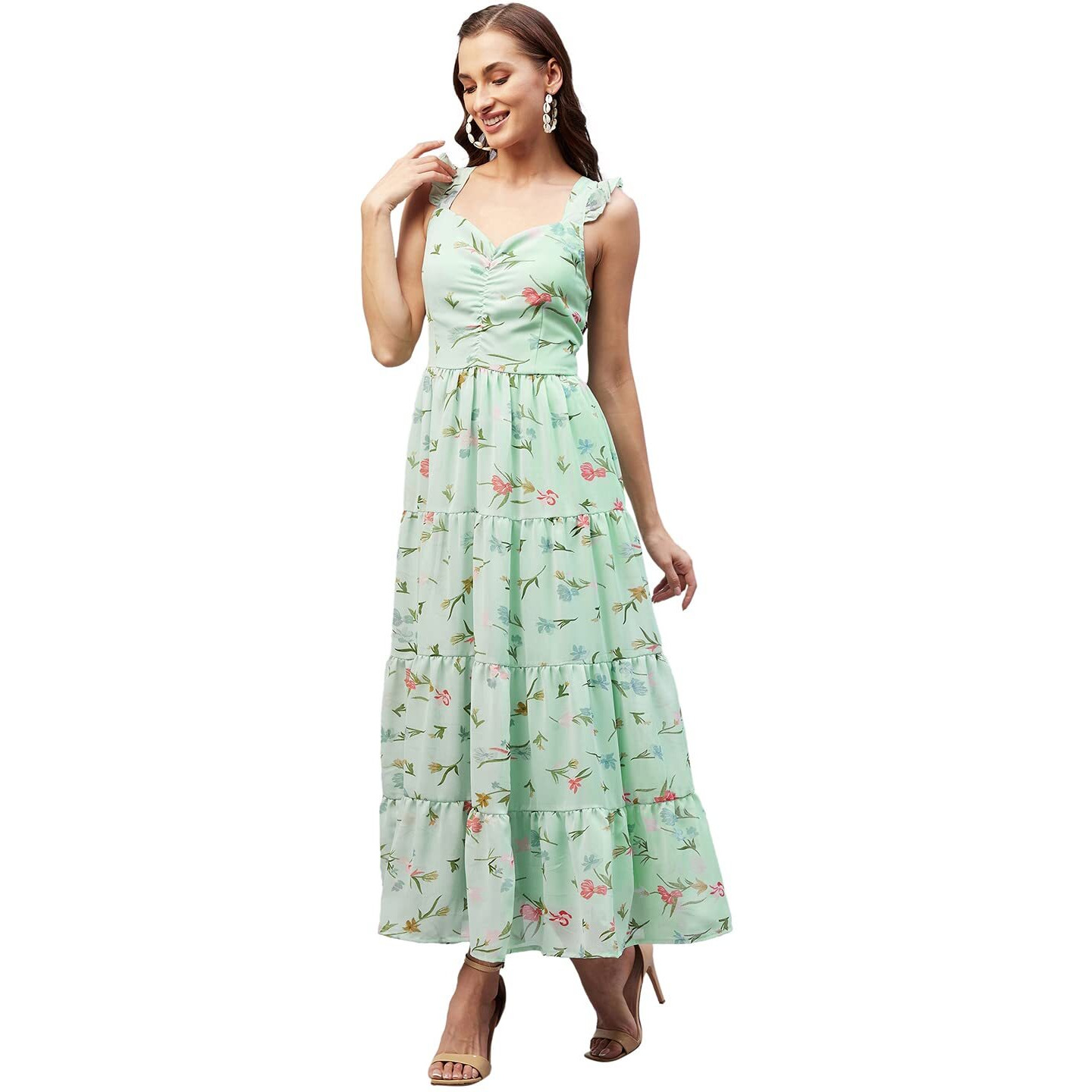 Rare Women Casual Sea Green Colour Maxi Floral Dress