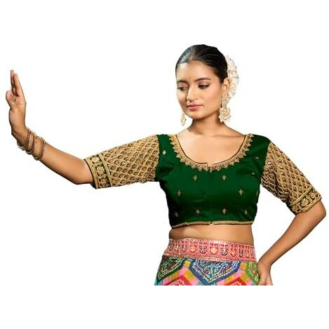Pujia Mills Women's Indian Ethnic Wear Designer Maggam With Zari Embroidery With Sequence Work Round Neck Half Sleeve Readymade Saree Blouse Stitched Bridal Special Green Color Blouse Lehenga Choli