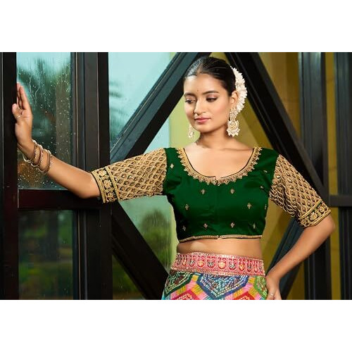 Pujia Mills Women's Indian Ethnic Wear Designer Maggam With Zari Embroidery With Sequence Work Round Neck Half Sleeve Readymade Saree Blouse Stitched Bridal Special Green Color Blouse Lehenga Choli