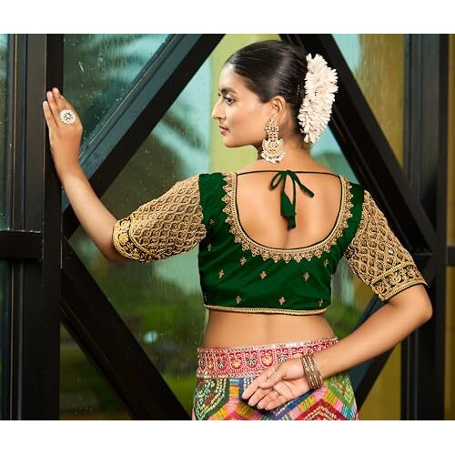 Pujia Mills Women's Indian Ethnic Wear Designer Maggam With Zari Embroidery With Sequence Work Round Neck Half Sleeve Readymade Saree Blouse Stitched Bridal Special Green Color Blouse Lehenga Choli