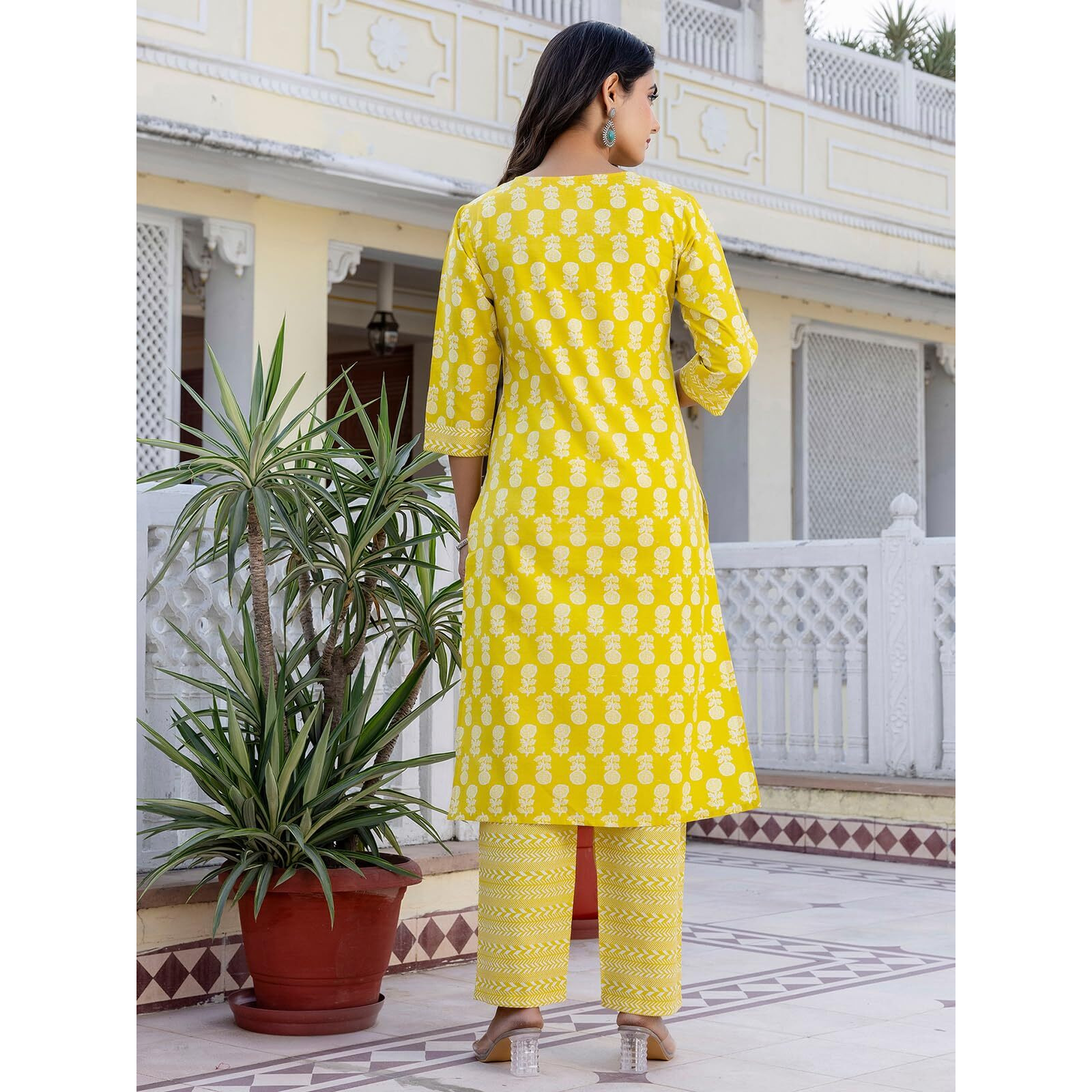 Sanisa Women's Cotton Printed & Lace Straight Kurta With Pant And Dupatta Set (268Kbd2812N-Xxl_Yellow & White)