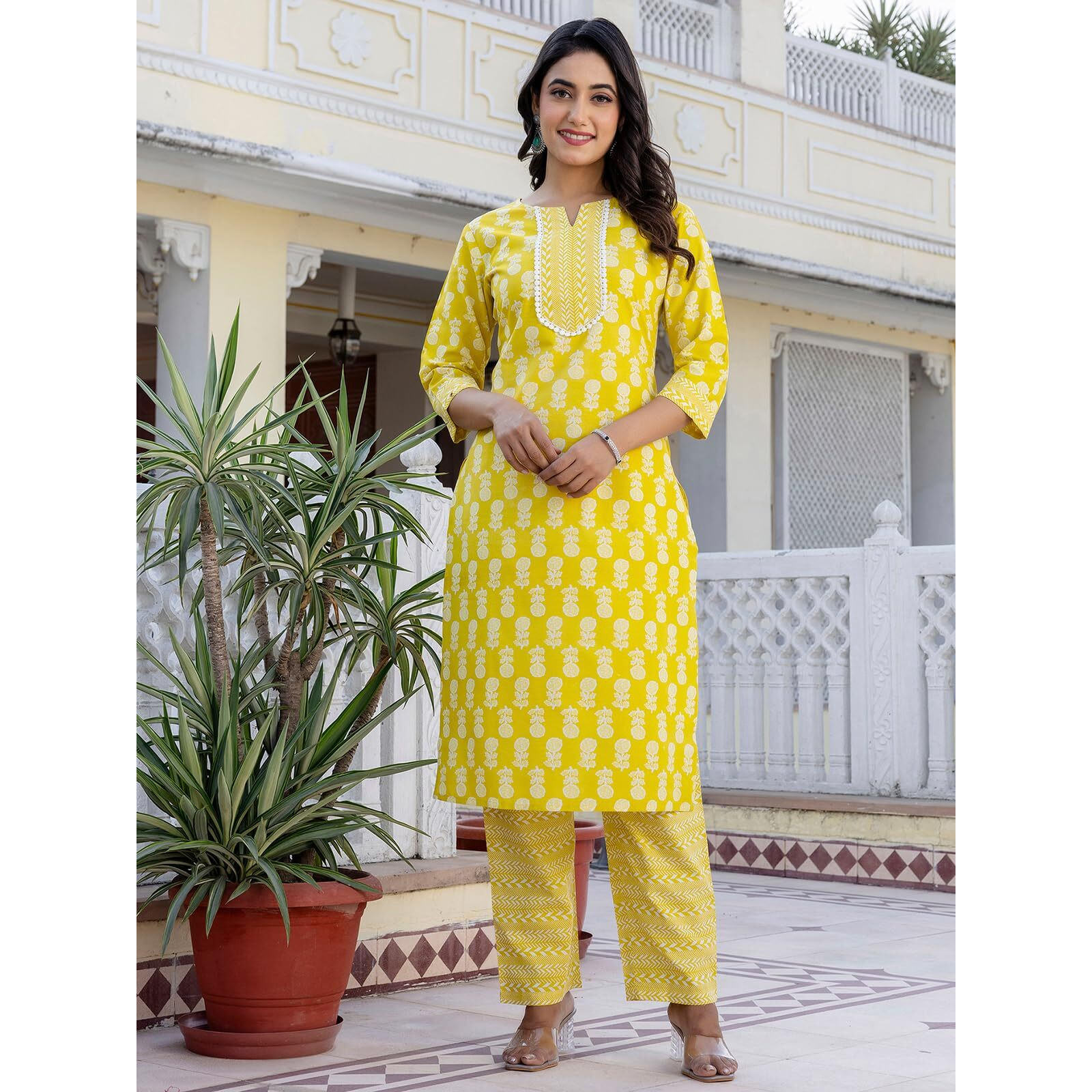 Sanisa Women's Cotton Printed & Lace Straight Kurta With Pant And Dupatta Set (268Kbd2812N-Xxl_Yellow & White)