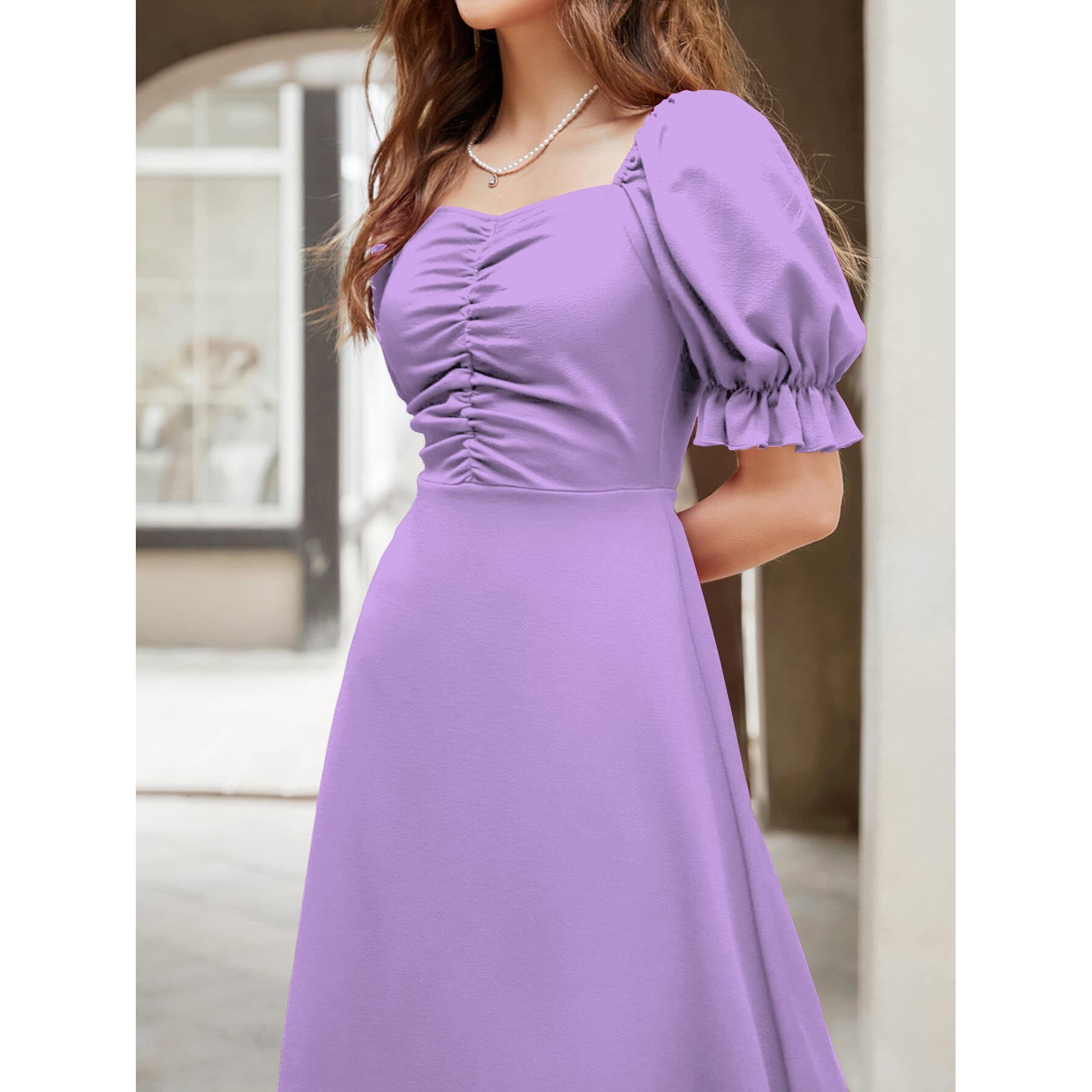 Shasmi Girl's & Women's Solid A-Line Ruched Puff Sleeve Maxi Long Evening One Piece Long Dress For Women Stylish (Dress 131 Light Purple-S)