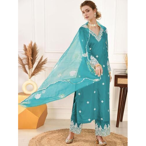 Shienzy Women's Embroidered Chanderi Kurta Pant Set With Net Dupatta | V Neck, 3/4 Sleeve Ethnic Set | Outfit For Office Wear (1657_Rm_L)