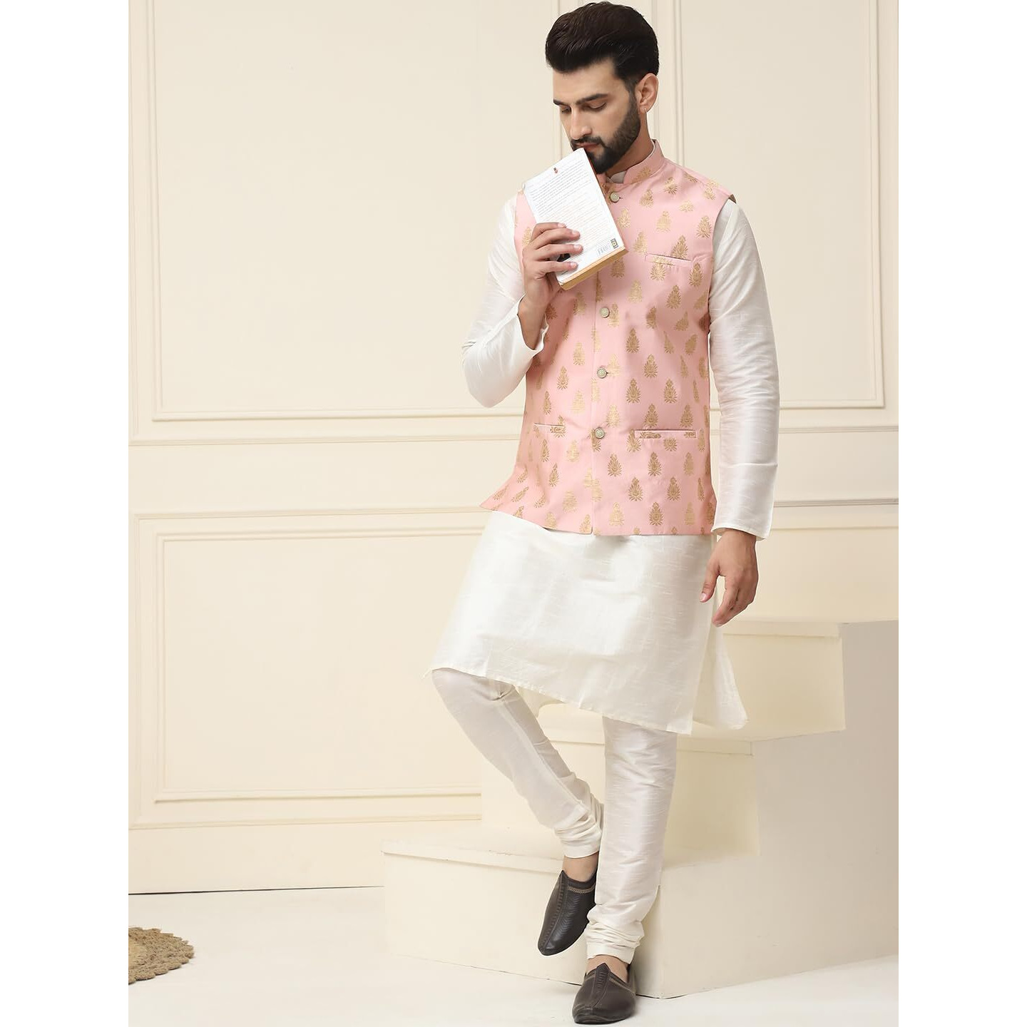 Sojanya (Since 1958 Men's Silk Blend Cream Kurta Pyjama With Pink Nehrujacket Set