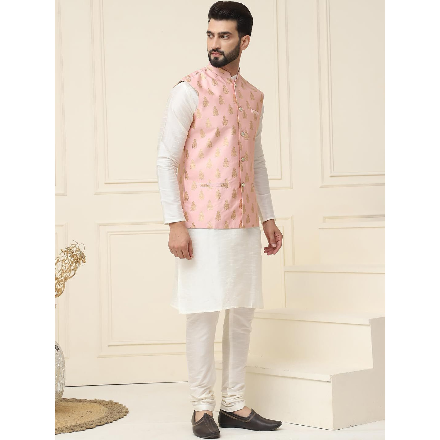 Sojanya (Since 1958 Men's Silk Blend Cream Kurta Pyjama With Pink Nehrujacket Set