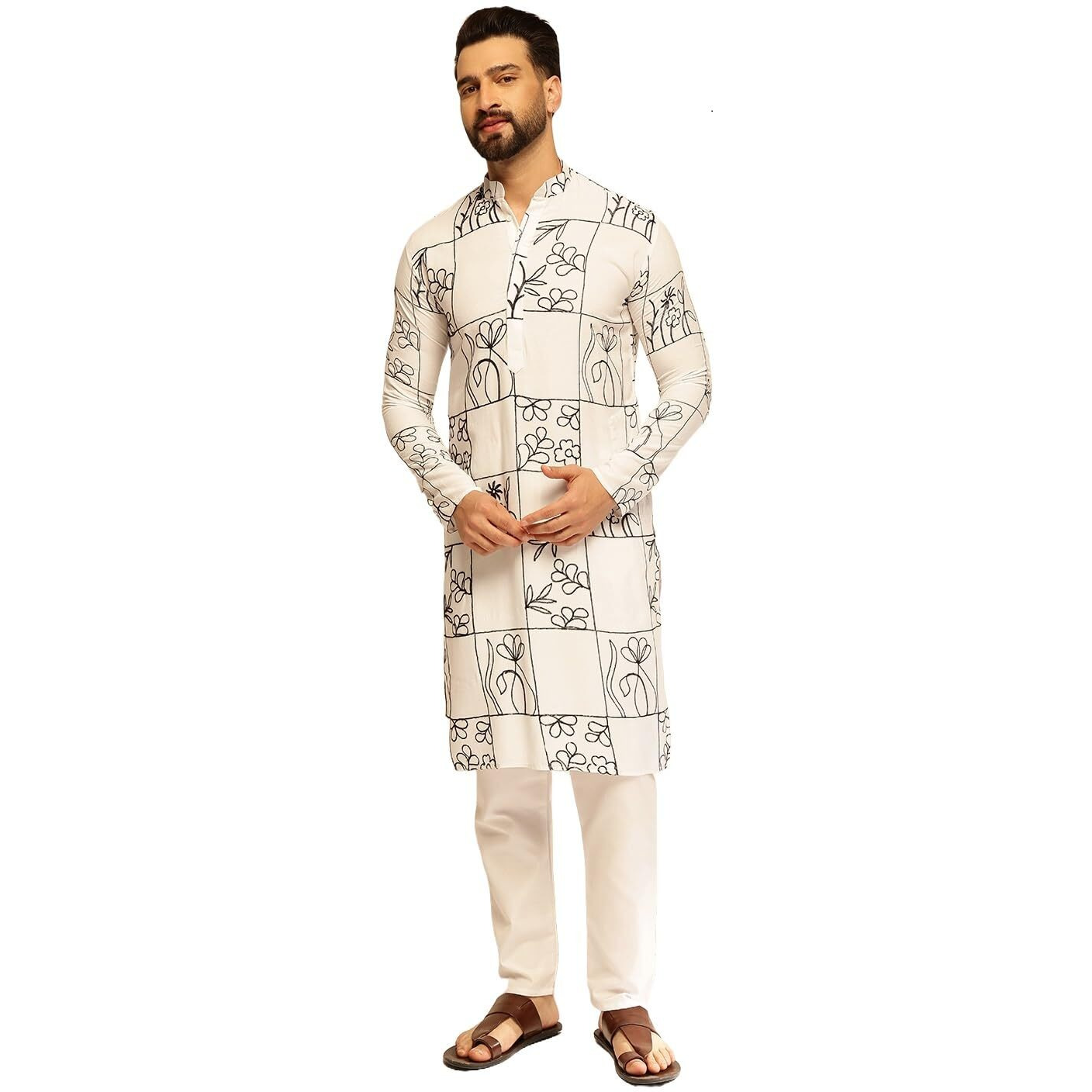 Sojanya (Since 1958 Men's Cotton Silk Floral Embroidered White Kurta With Pyjama