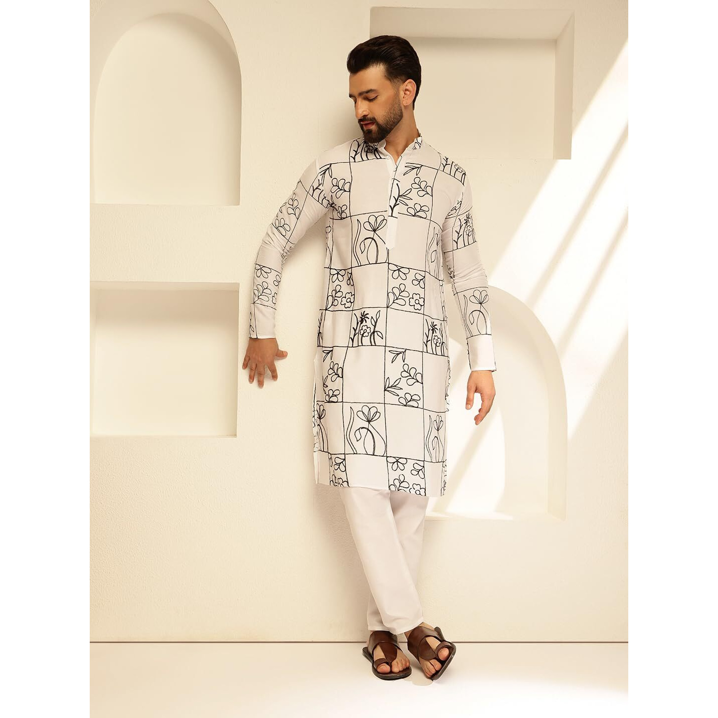 Sojanya (Since 1958 Men's Cotton Silk Floral Embroidered White Kurta With Pyjama