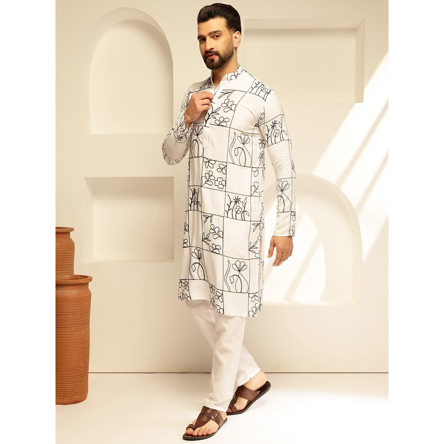 Sojanya (Since 1958 Men's Cotton Silk Floral Embroidered White Kurta With Pyjama