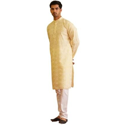 Sojanya (Since 1958 Men's Cotton Foil Gold Printed Yellow Kurta With Churidaar Pyjama