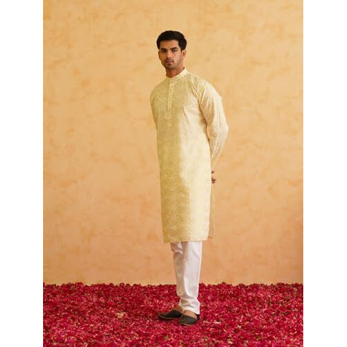 Sojanya (Since 1958 Men's Cotton Foil Gold Printed Yellow Kurta With Churidaar Pyjama