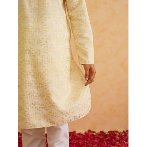 Sojanya (Since 1958 Men's Cotton Foil Gold Printed Yellow Kurta With Churidaar Pyjama