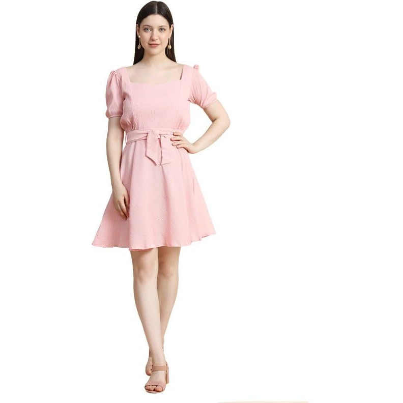 Toochki Women's Peach Cotton Blend Solid Fit & Flared Western Dress | Dress For Women | A Line Dress | Winter Dress | Western Dress | Latest Women Dress | Trendy Dress | Midi Dress