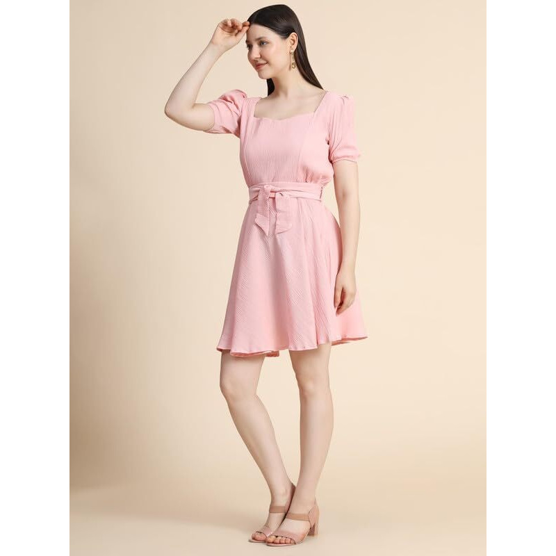 Toochki Women's Peach Cotton Blend Solid Fit & Flared Western Dress | Dress For Women | A Line Dress | Winter Dress | Western Dress | Latest Women Dress | Trendy Dress | Midi Dress