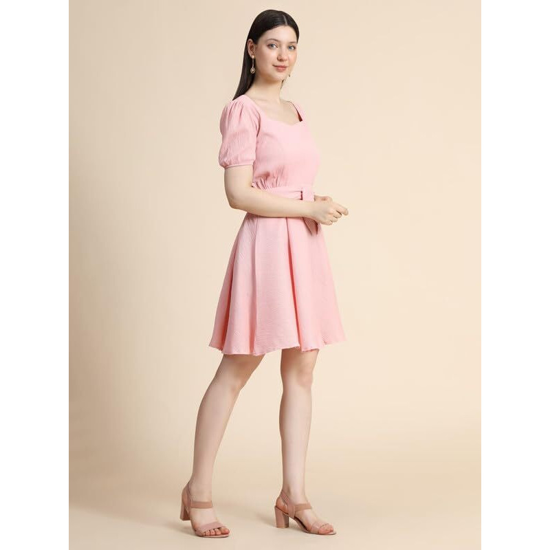 Toochki Women's Peach Cotton Blend Solid Fit & Flared Western Dress | Dress For Women | A Line Dress | Winter Dress | Western Dress | Latest Women Dress | Trendy Dress | Midi Dress