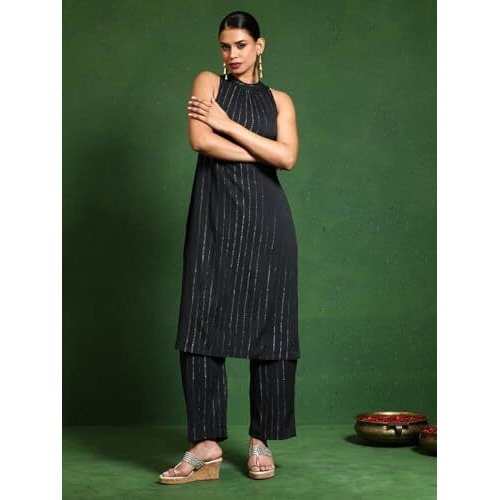 Varanga Women Brown Halter Neck Straight Kurta With Trouser