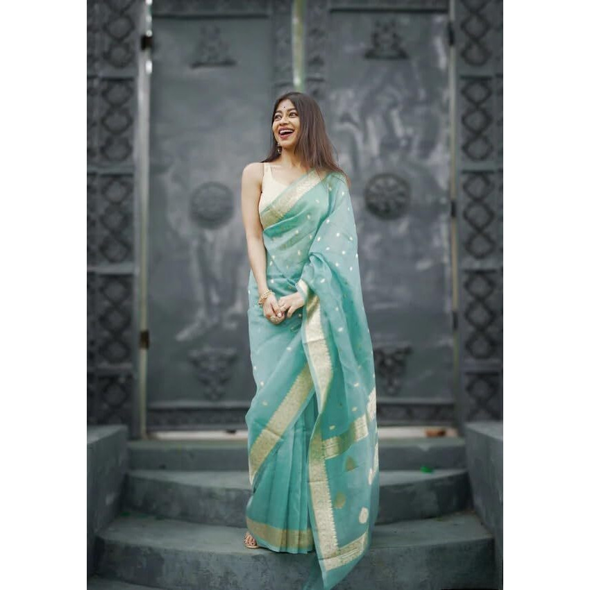 Flosive Women's Beautiful Light Shine Cotton Linen Wedding Saree With Blouse (Sky)