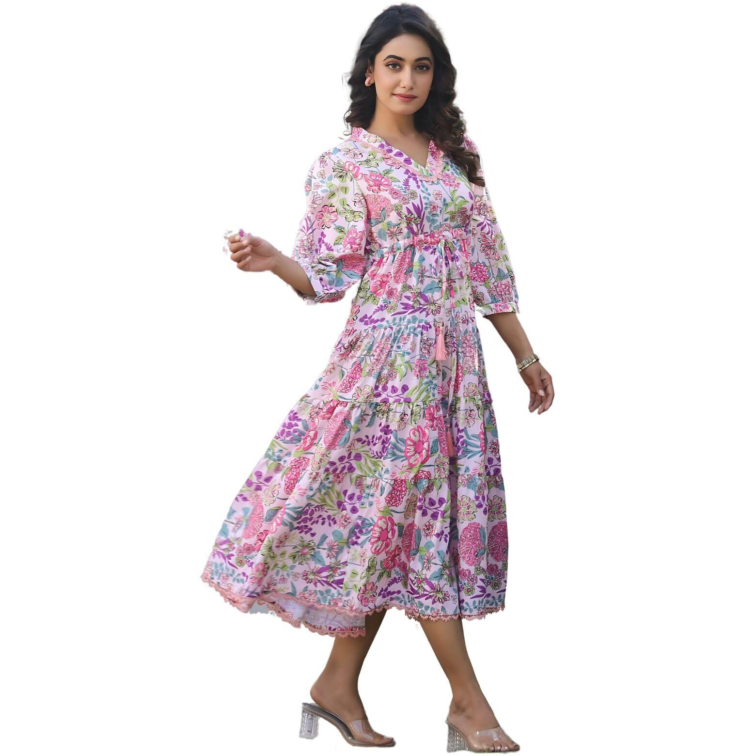 Greciilooks Women's Rayon Casual Knee-Length Western Dress Pink