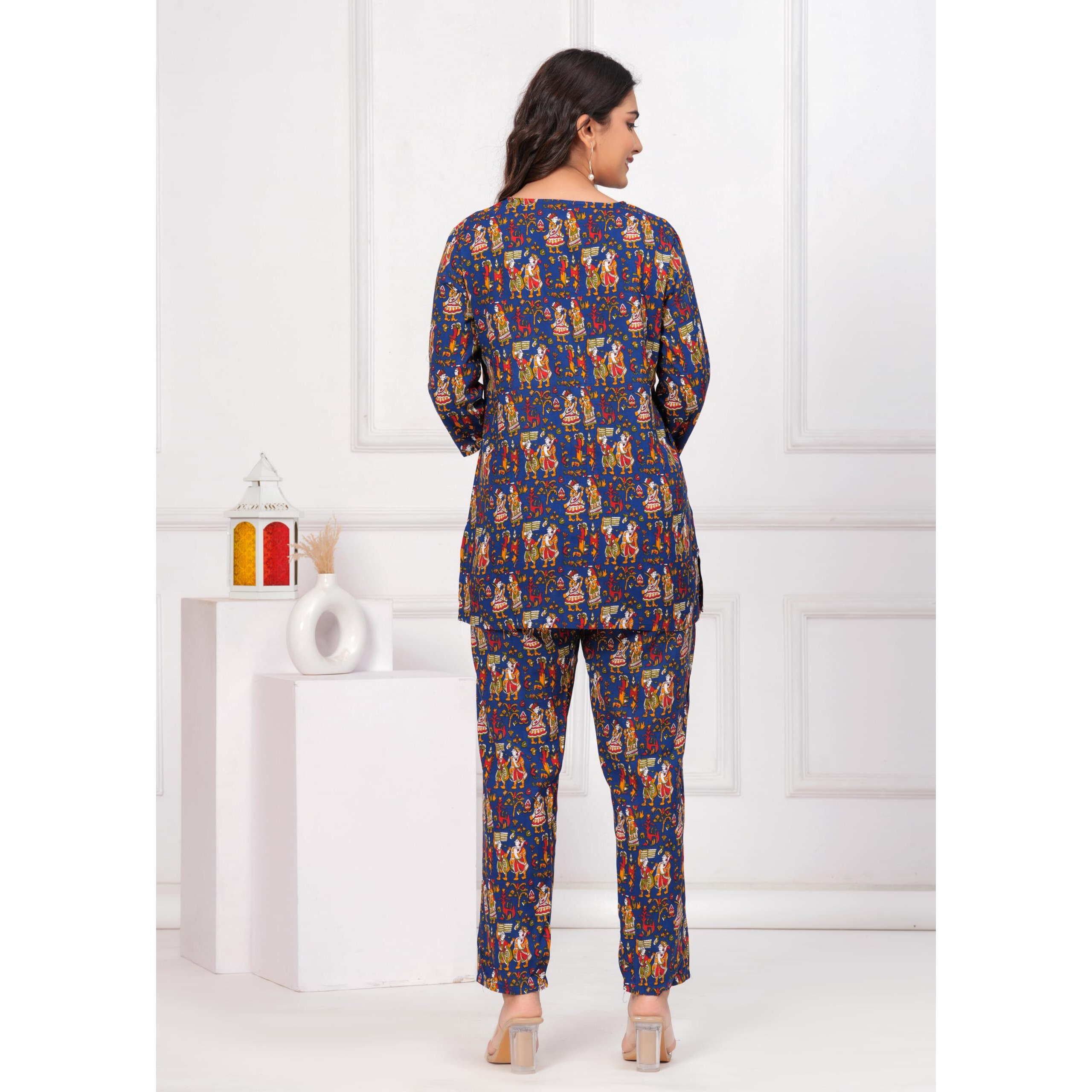 Jikonet Women Cotton Printed Co-Ord Set Kurta Set With Pant Set (Blue, X-Small)