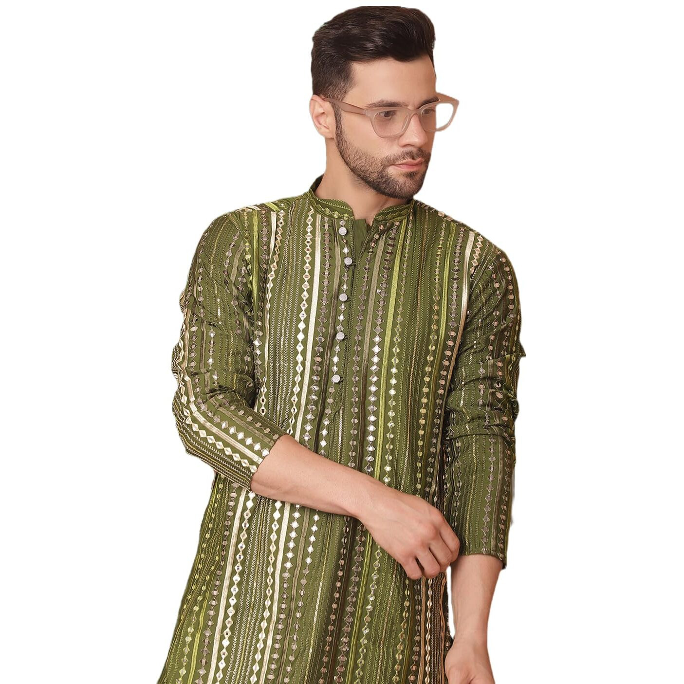Jompers Men's Olive Mirror Work Kurta Only (Olive, L)