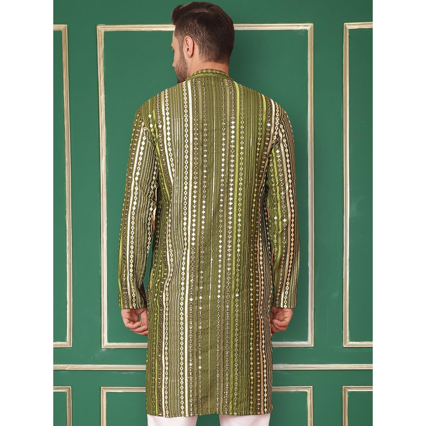 Jompers Men's Olive Mirror Work Kurta Only (Olive, L)
