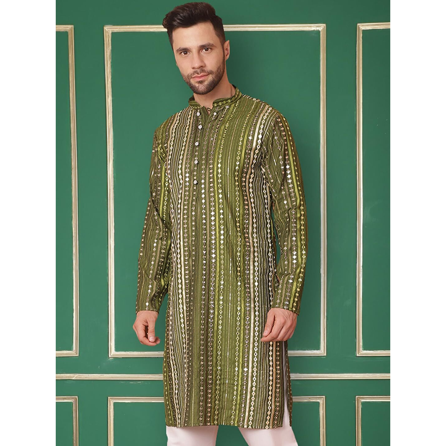 Jompers Men's Olive Mirror Work Kurta Only (Olive, L)