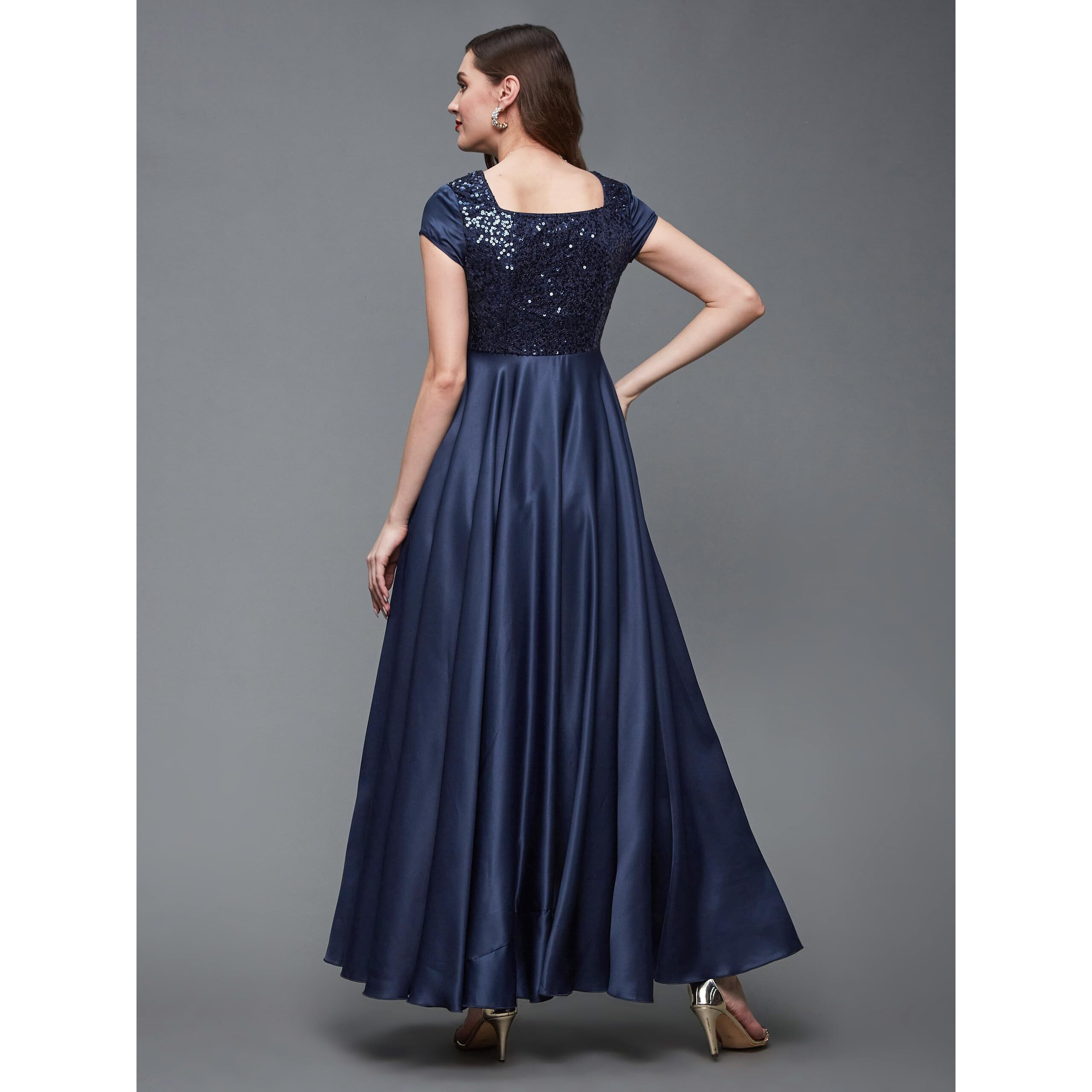 Miss Chase Women's Navy Blue Square Neck Short Sleeve Embellished Polyester Fit & Flare Maxi Dress (Mcss23D06-60-71-08, Navy Blue, Xxxl)