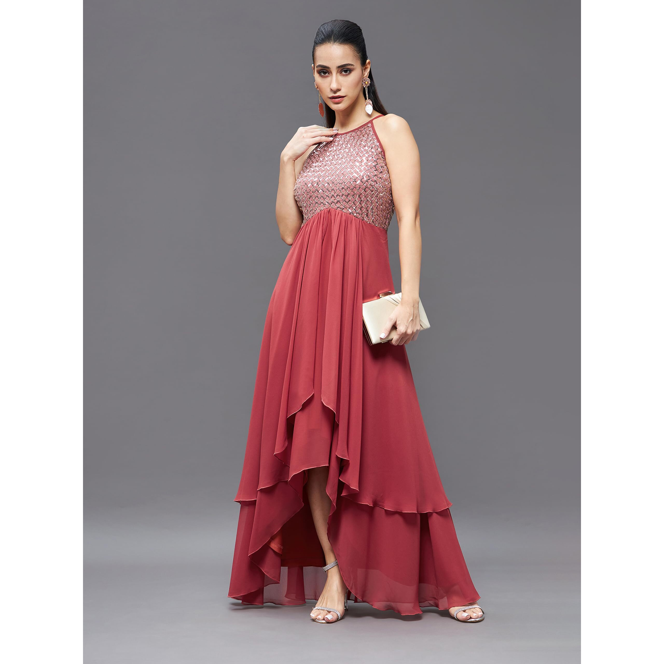 Miss Chase Women's Halter Neck Sleeveless Embellished Layered Maxi Dress (Mcss23D13-75-149-04, Brick Red, M)