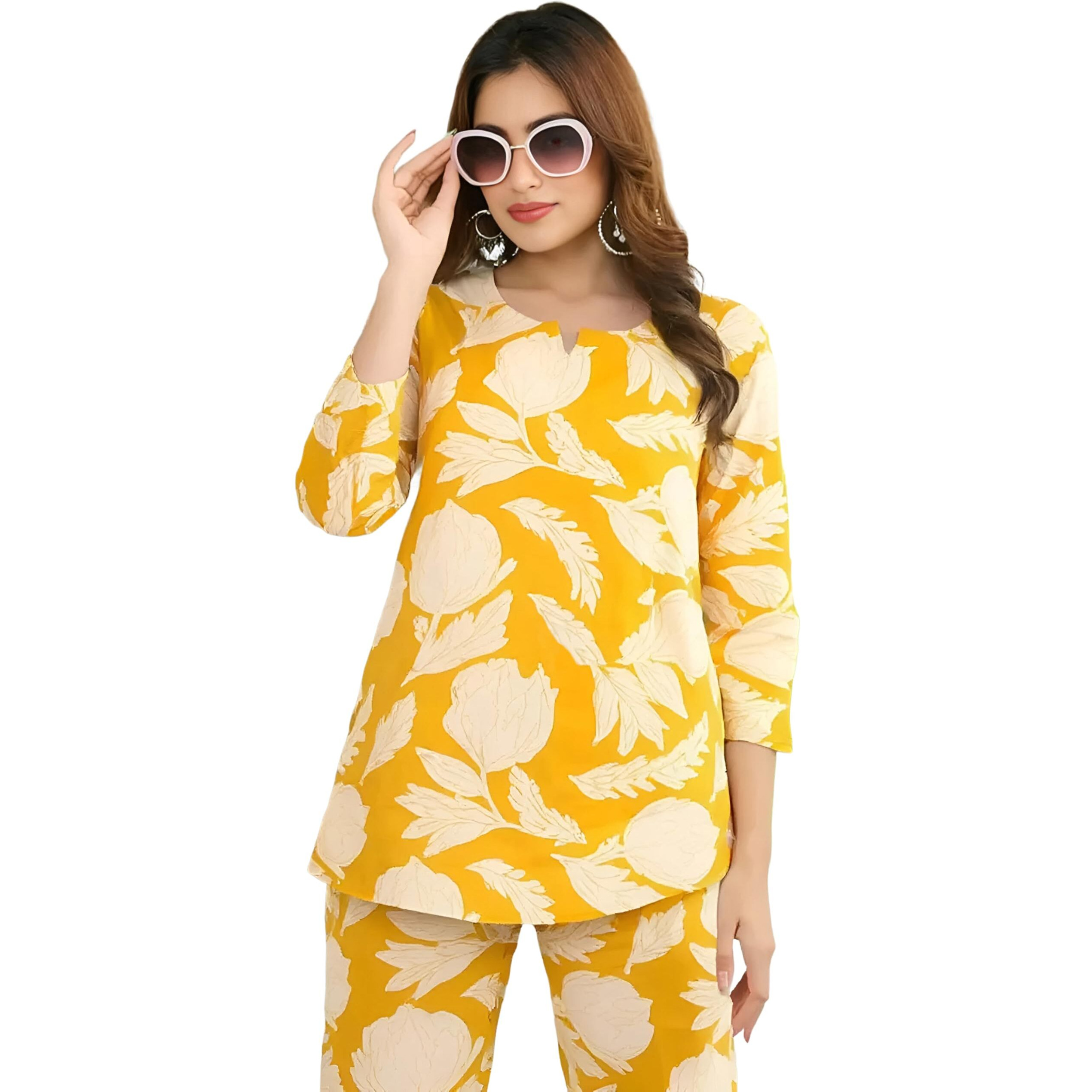 Pinkmint Women's Pure Cotton Co Ord Set L Printed Stylish Top & Bottom Set L Wide-Leg Pant Loungewear L Day-To-Night Comfort Wear Yellow