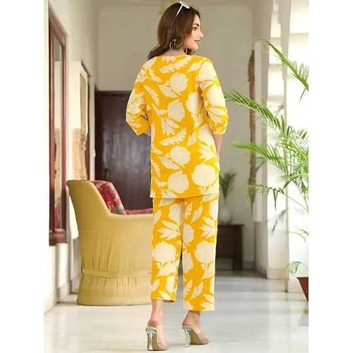 Pinkmint Women's Pure Cotton Co Ord Set L Printed Stylish Top & Bottom Set L Wide-Leg Pant Loungewear L Day-To-Night Comfort Wear Yellow
