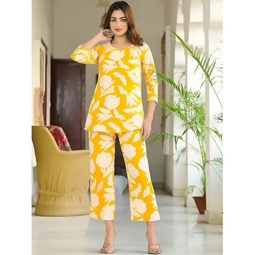 Pinkmint Women's Pure Cotton Co Ord Set L Printed Stylish Top & Bottom Set L Wide-Leg Pant Loungewear L Day-To-Night Comfort Wear Yellow