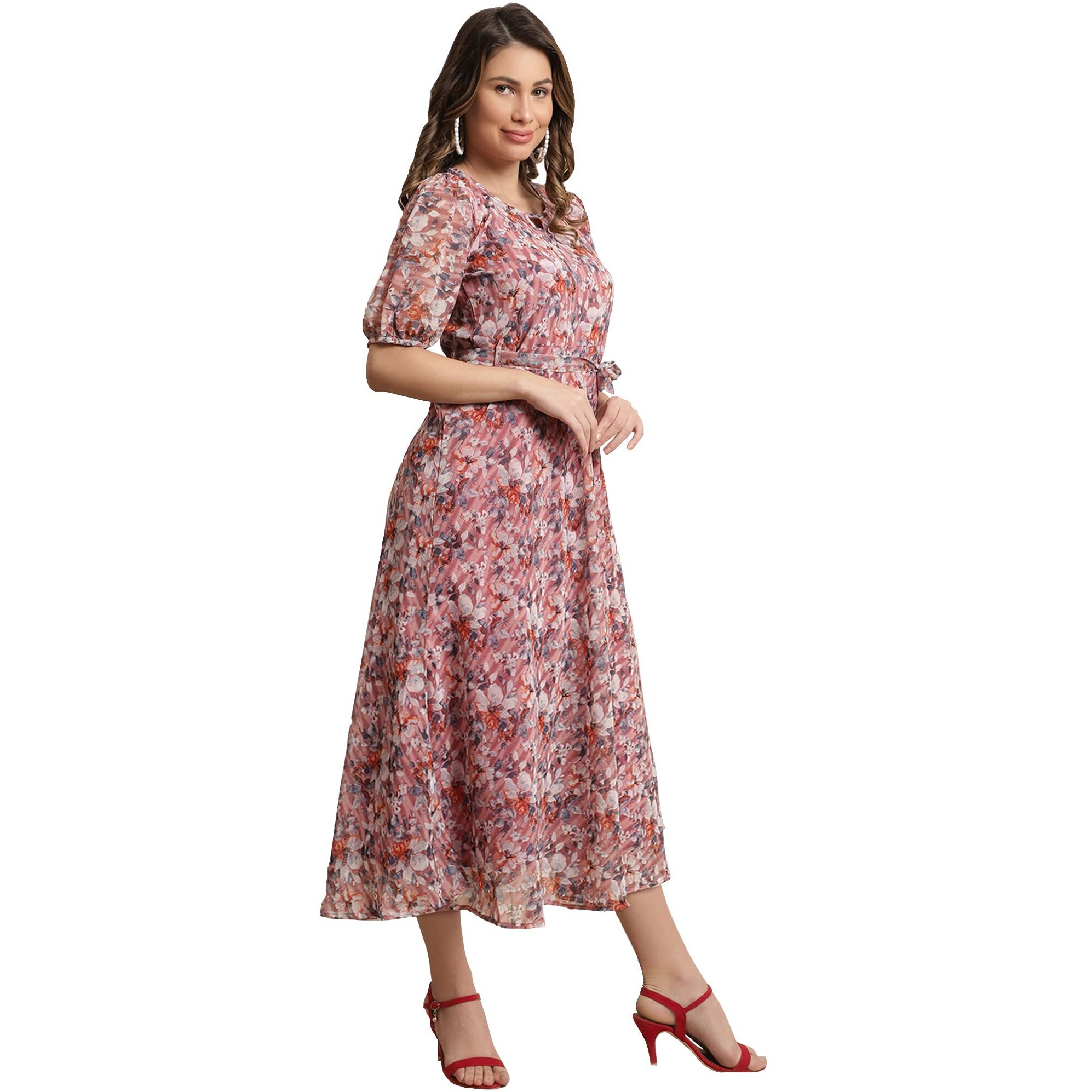 Preneum Women's Maxi Fit & Flare Print Georgette Regular Sleeves Casual |Long Gown For Women (In, Alpha, Xl, Plus, Peach)