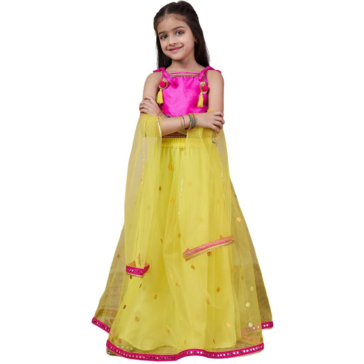 Pspeaches Girl's Net With Dupatta (L-Yellowtikli-8- Yellow_8-10Y)