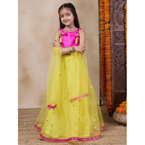 Pspeaches Girl's Net With Dupatta (L-Yellowtikli-8- Yellow_8-10Y)