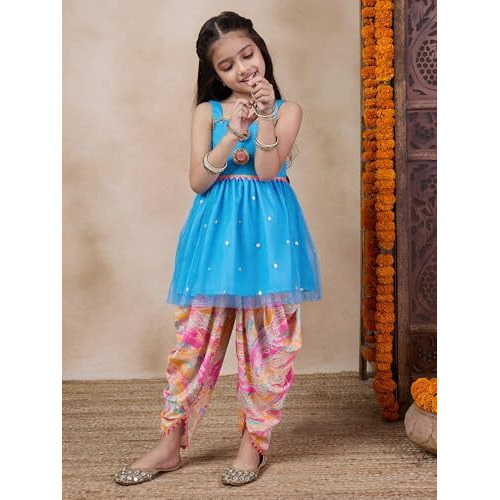 Pspeaches Girl's Net Dhoti Set (Dh-Bluefoiltikli-7-8Y_Blue