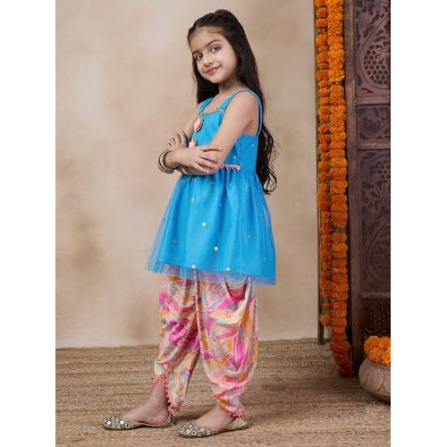 Pspeaches Girl's Net Dhoti Set (Dh-Bluefoiltikli-7-8Y_Blue