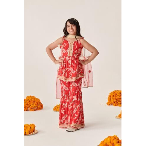 Pspeaches Girl's Cotton Rayon Sharara Set (Sha-Redslub-6-7Y_Red