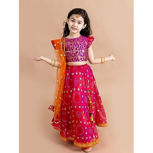 Pspeaches Girl's Polyester 1 Lehenga, 1 Choli, 1 Dupatta (L-Foilbooti-T-12-14_Pink_12-14Y)