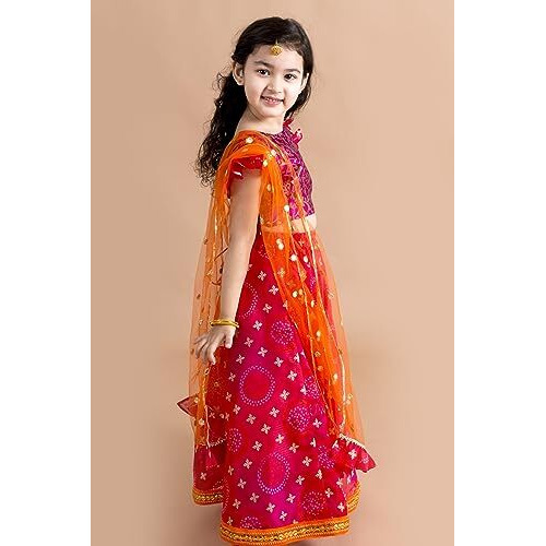 Pspeaches Girl's Polyester 1 Lehenga, 1 Choli, 1 Dupatta (L-Foilbooti-T-12-14_Pink_12-14Y)