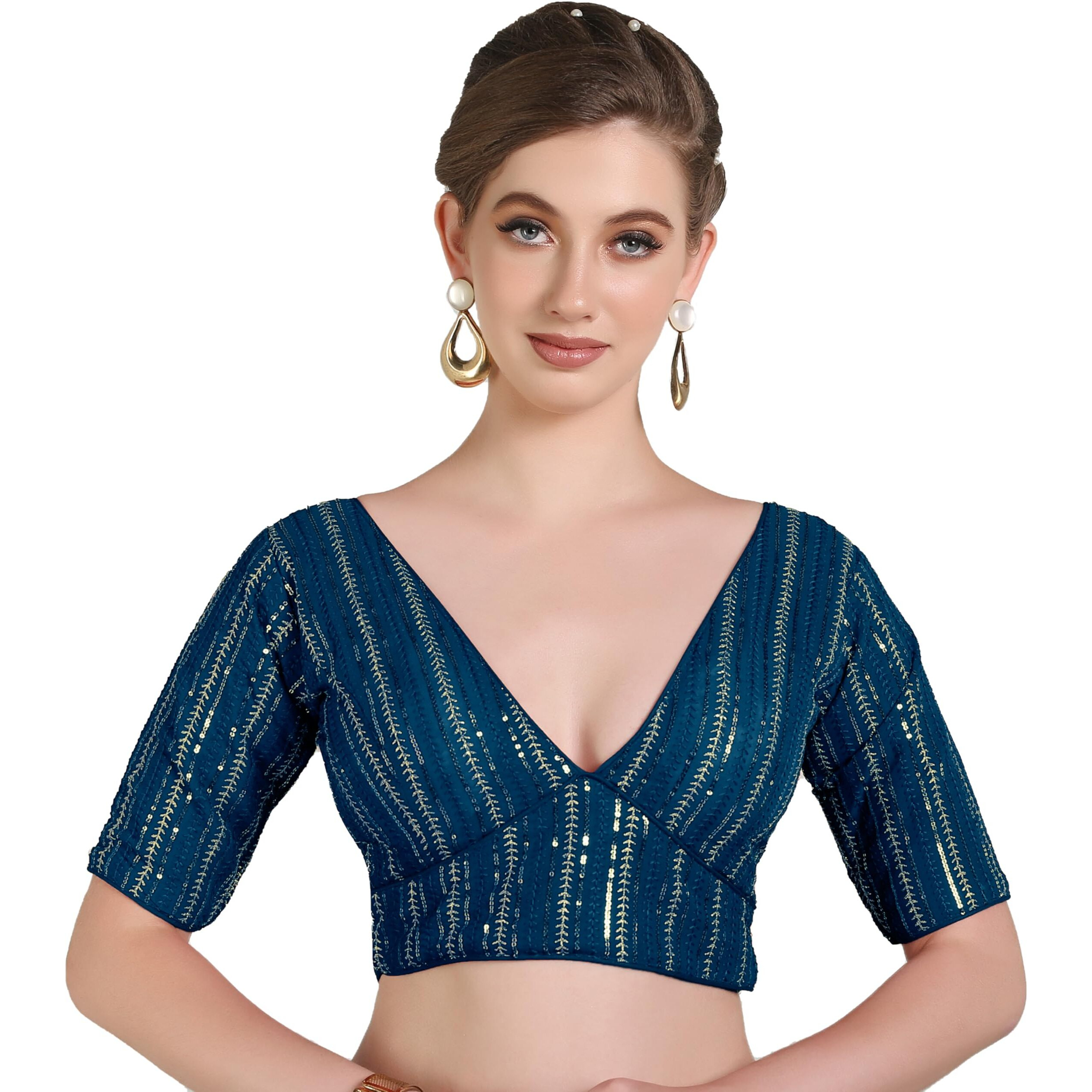 Pujia Mills Women's Georgett Half Sleeve Deep V Neck Embroidered With Sequins Blouse (Zhankhi Morpeach 38)
