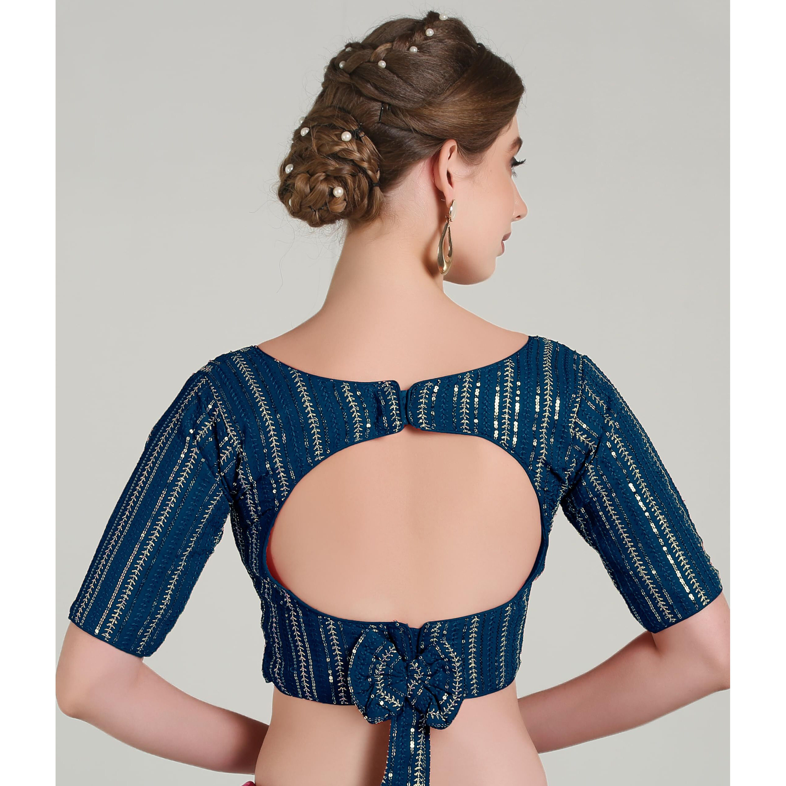 Pujia Mills Women's Georgett Half Sleeve Deep V Neck Embroidered With Sequins Blouse (Zhankhi Morpeach 38)